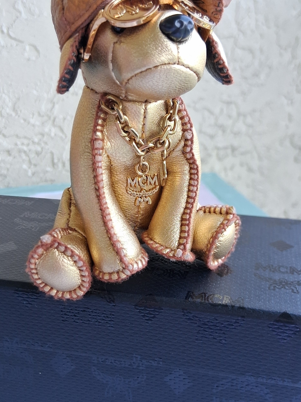 MCM Gold Leather Dog Key Charm with Sunglasses - Picture 11 of 11